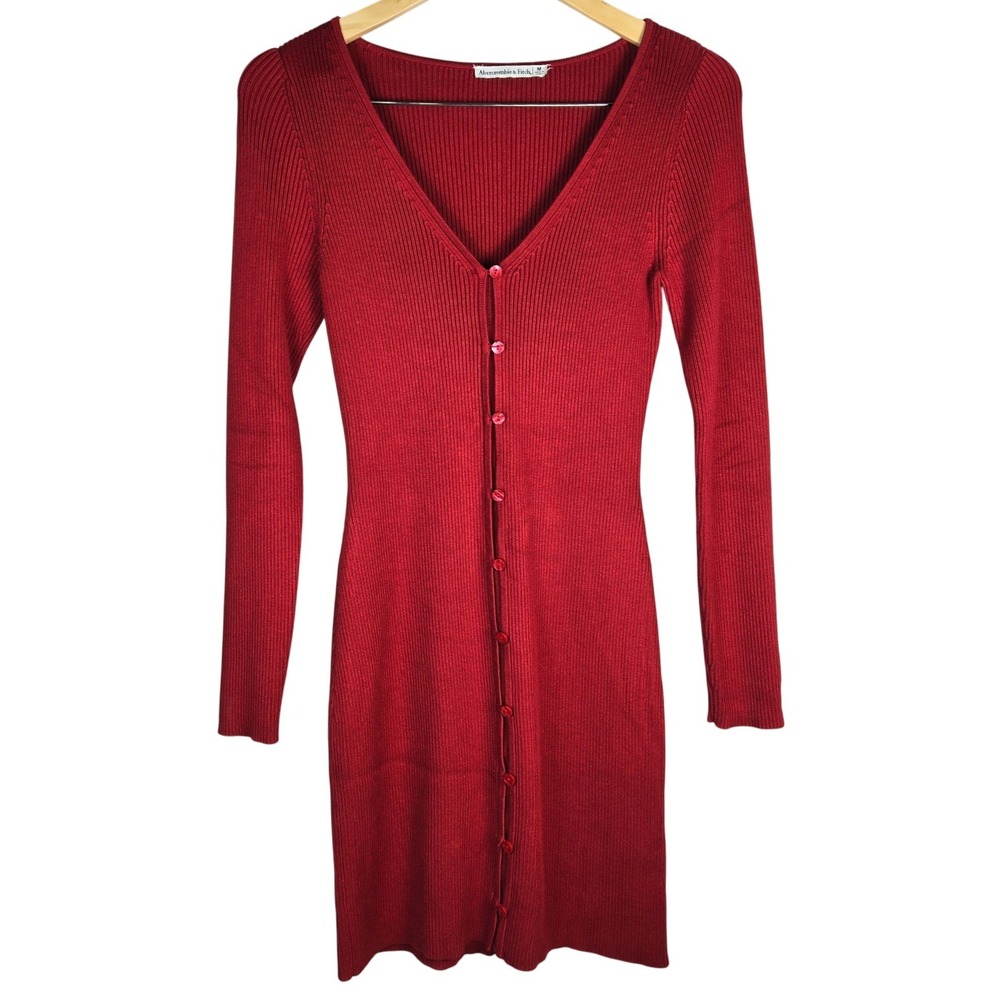 Abercrombie & Fitch Red Ribbed Knit Button Front Long Sleeve Mini Dress 90s Y2K